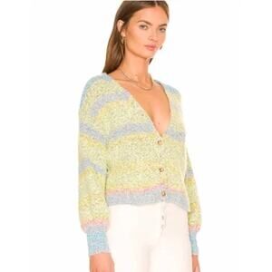 Free People Women’s L Blue Gray Stripe Soulmate Button Up Casual Knit Cardigan